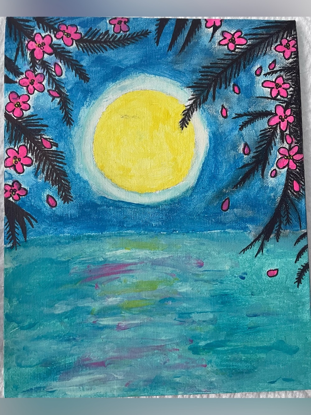 Hand-Painted Tropical Moonlight Seascape Wall Art - Blue, Yellow, Pink